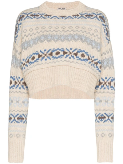 Miu Miu Cropped Fair Isle Wool Sweater In Neutrals