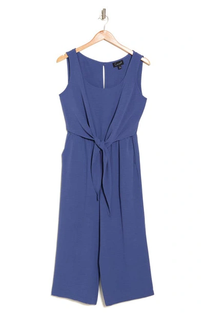 Connected Apparel Sleeveless Tie Front Capri Crop Jumpsuit In Demin