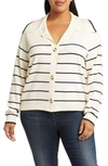 By Design Hadley Stripe Button Front Cardigan In Gardenia/ Navy Blazer