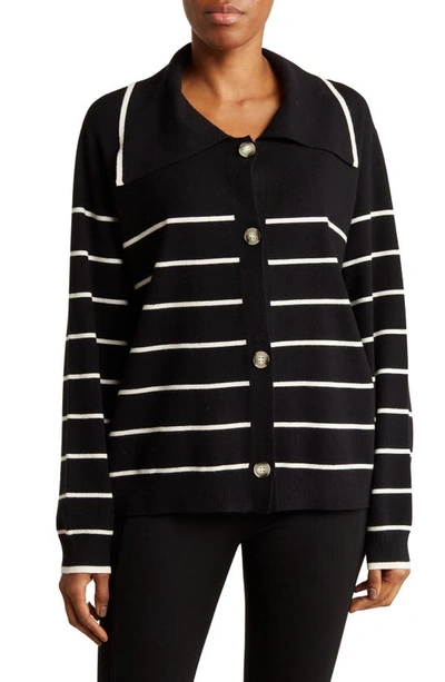 By Design Hadley Stripe Button Front Cardigan In Black/ Gardenia