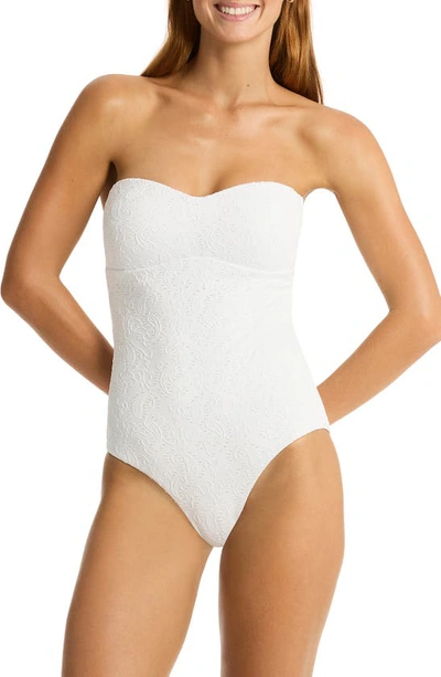 Sea Level Interlace Seamless Bandeau One-piece Swimsuit In White