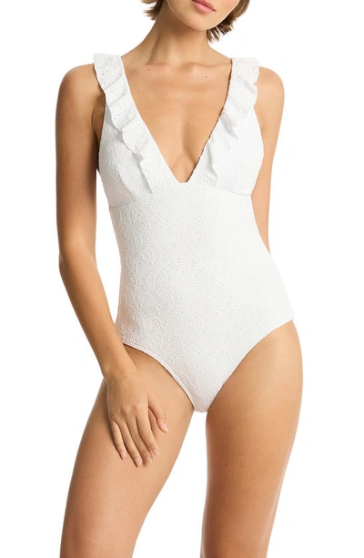 Sea Level Interlace Frill One-piece Swimsuit In White