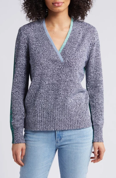 Nic + Zoe Colorblock Marl V-neck Sweater In Blue Multi