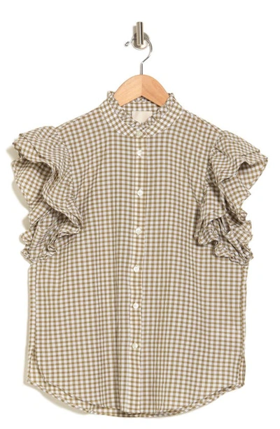 Philosophy By Rpublic Clothing Gingham Ruffle Button-up Shirt In Olive/ White