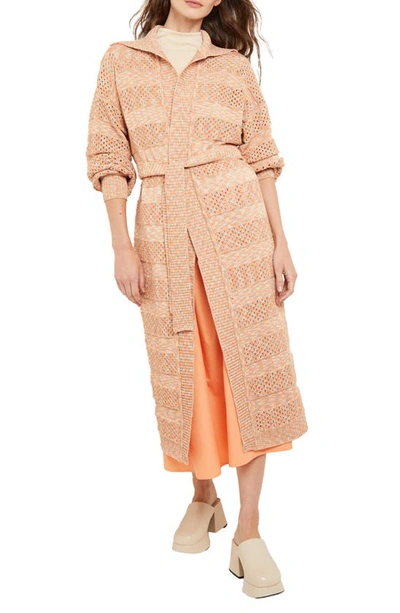 Misook Pointelle Stitch Relaxed Belted Sweater Coat In Citrine/italian Clay/biscotti
