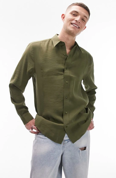 Topman Leaf Jacquard Short Sleeve Cotton Button-up Shirt In Khaki