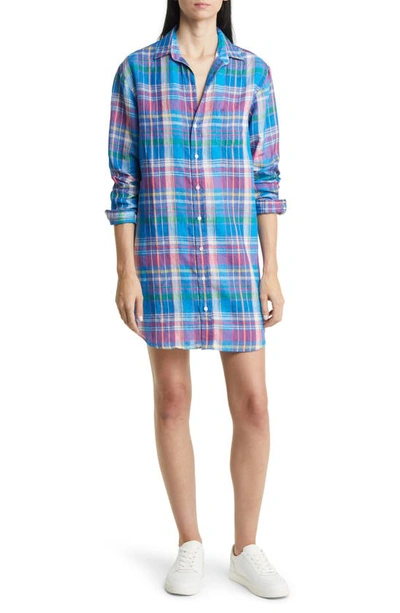 Frank & Eileen Classic Plaid Long Sleeve Linen Shirtdress In Blue Pink Plaid