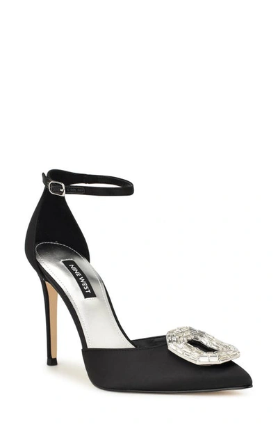 Nine West Felishe Embellished Satin Ankle Strap Pump In Black