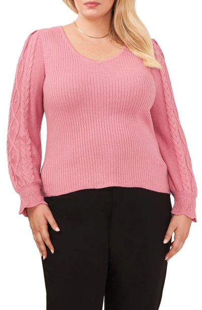 Cece Cable Stitch Sleeve V-neck Sweater In Foxglove Pink