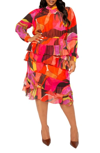 Buxom Couture Long Sleeve Tiered Dress In Multi