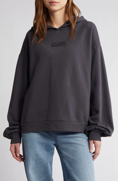 Allsaints Auru Rihan Embroidered Logo Cotton Hoodie In Washed Black