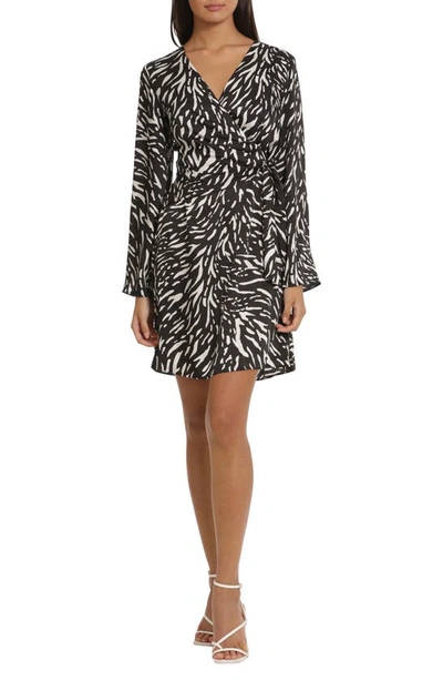 Donna Morgan For Maggy Long Sleeve Faux Wrap Minidress In Black/ Ivory
