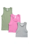 90 Degree By Reflex 3-pack Seamless Ribbed Racerback Tank Tops In Heather Grey/ Opera Mauve