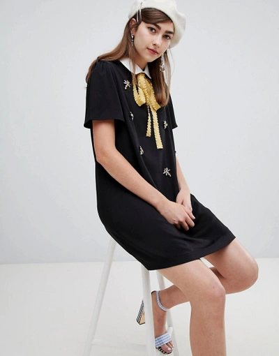 Sister Jane Shift Dress With Ribbon Tie And Damselfly Embellishment - Black