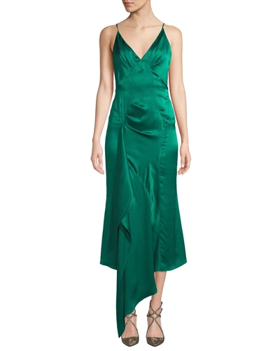 Olivier Theyskens V-neck Sleeveless Empire Asymmetric Drape Silk Satin Dress In Emerald