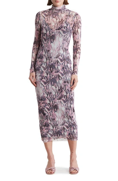 Afrm Shailene Floral Turtleneck Long Sleeve Mesh Dress In Pink Snake