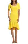 London Times Short Sleeve Flounce Hem Scuba Midi Dress In Yellow