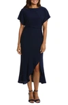 London Times Eyelet Short Sleeve Tulip Hem Midi Dress In Navy