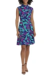 Maggy London Printed Funnel Neck Fit & Flare Dress In Deep Navy/ Vivid Violet