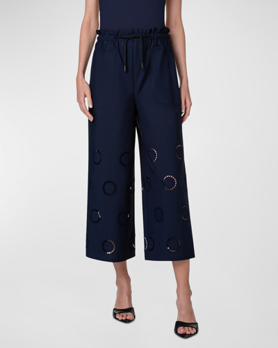 Akris Punto Frey Cotton Drawstring Pants With Circle Eyelet Embroidery In Navy