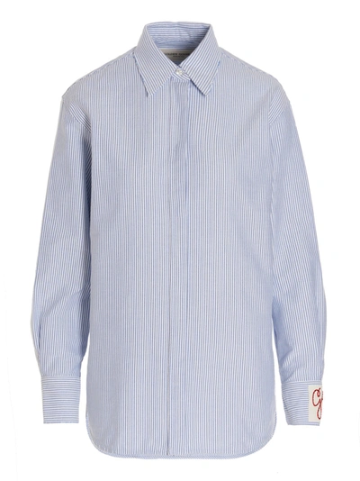 Golden Goose Striped Embroidered Shirt With Collared Cuffs In Blue