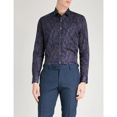 Etro Paisley-print Tailored-fit Cotton-poplin Shirt In Blue