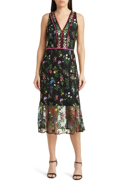 Sam Edelman Botanical Embroidered Semisheer Sleeveless Dress In Black