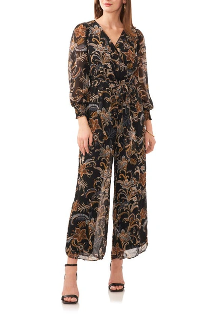 Vince Camuto Paisley Long Sleeve Chiffon Jumpsuit In Rich Black