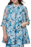 Ming Wang Floral Sheer Open Front Elbow Sleeve Jacket In Dew Blue/ Multi