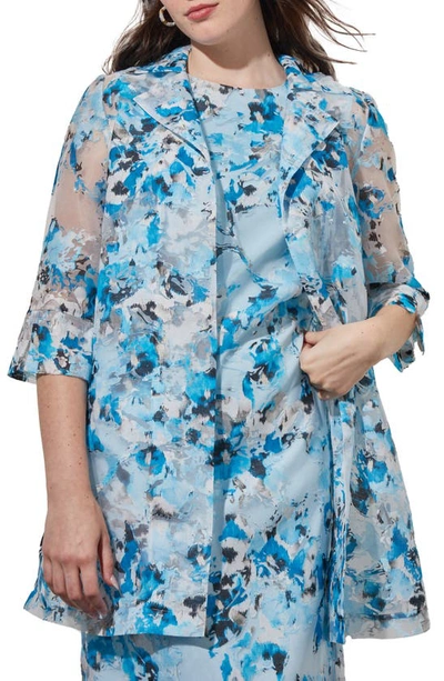 Ming Wang Floral Sheer Open Front Elbow Sleeve Jacket In Dew Blue/ Multi