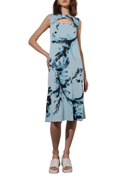 Ming Wang Cutout Abstract Jacquard Knit A-line Dress In Haze/ D Blue/ Bk