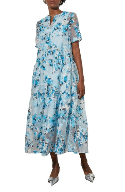 Ming Wang Tiered A-line Maxi Dress In Dew Blue/ Mul