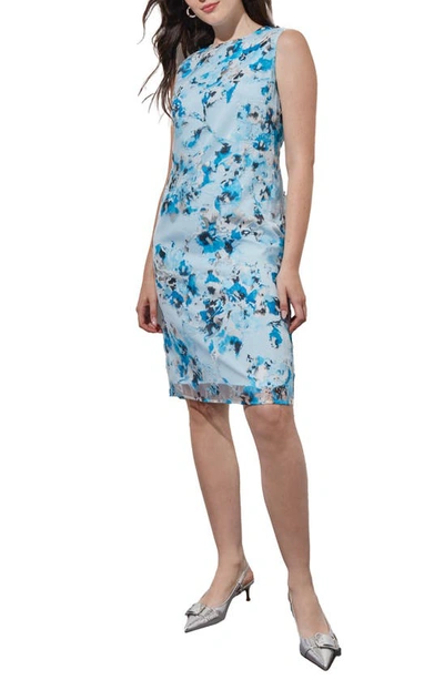 Ming Wang Abstract Print Sleeveless Sheath Dress In Dew Blue/ Multi