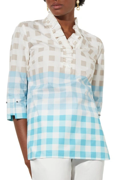 Ming Wang Ruffle Neck Gingham Shirt In Blue