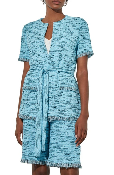 Ming Wang Fringe Trim Belted Short Sleeve Tweed Jacket In Dw Blue/ Hz/ Bwh