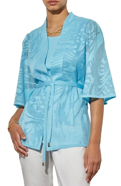 Ming Wang Floral Semisheer Belted Jacquard Sweater Jacket In Dew Blue