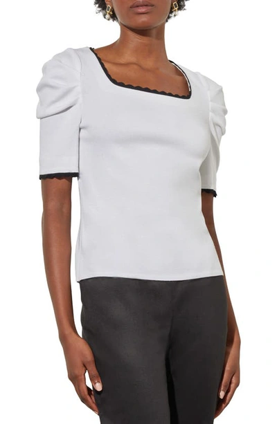 Ming Wang Contrast Puff Sleeve Knit Top In White/ Black