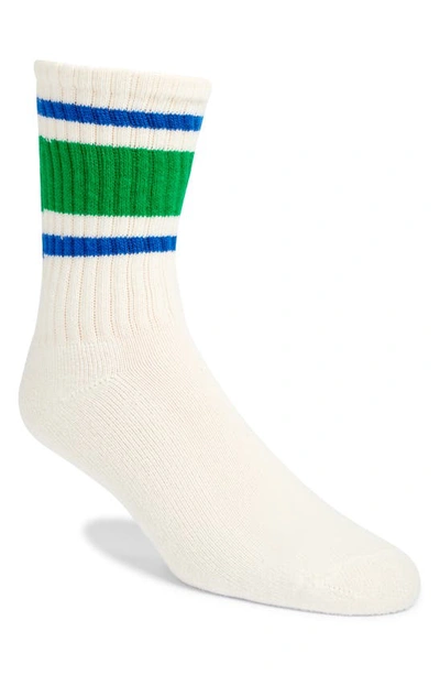 American Trench Retro Stripe Cotton Blend Crew Socks In White/ Kelly/ Royal