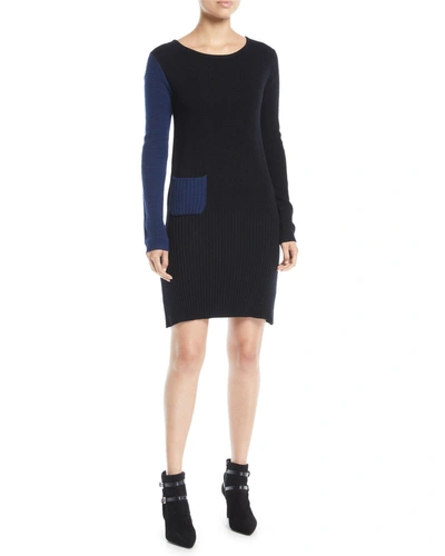 Lisa Todd Long-sleeve Colorblock Cotton-cashmere Dress W/ Patch Pocket In Black