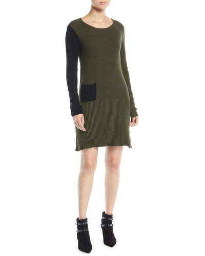 Lisa Todd Long-sleeve Colorblock Cotton-cashmere Dress W/ Patch Pocket In Kale