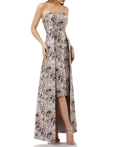 Kay Unger Metallic Jacquard Gown W/ Floral Overlay In Champange Multi