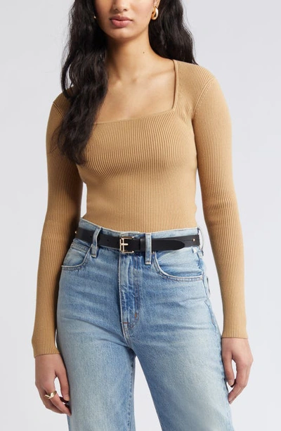 Open Edit Luxe Sculpt Square Neck Rib Sweater In Tan Cartouche