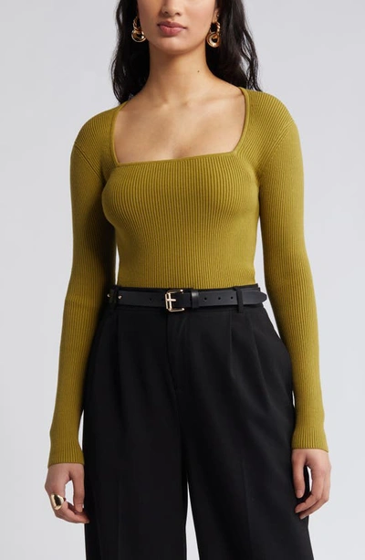 Open Edit Luxe Sculpt Square Neck Rib Sweater In Olive Eyes