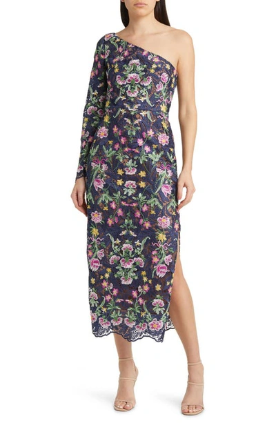 Marchesa Notte Floral Embroidered Long Sleeve One-shoulder Dress In Navy