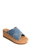 Minnetonka Posey Platform Wedge Slide Sandal In Blue Distressed Denim