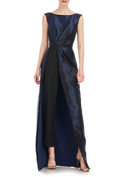 Kay Unger Amal Floral Jacquard Sleeveless Maxi Jumpsuit In Night Blue