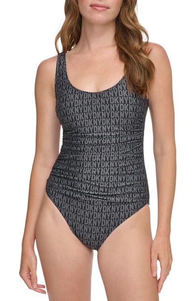 Dkny Ruched One-piece Swimsuit In Black/ Charcoal