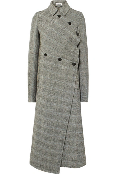Jil Sander Asymmetric Prince Of Wales Checked Wool-blend Coat In Gray