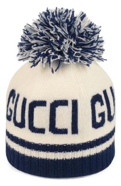 Gucci Pom Hat In Ivory/ Blue