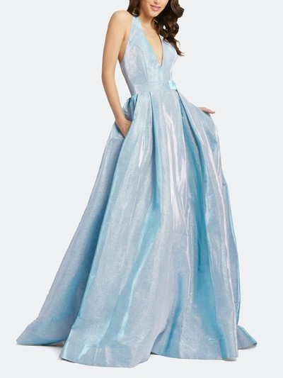 Mac Duggal Metallic Open-back Gown In Shimmering Blue